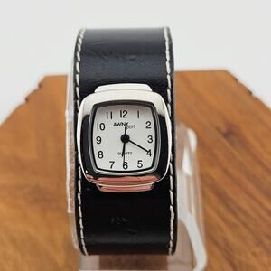 Awny Sport Silver Tone Cuff Style Watch Black Faux Leather Wide Band Model 8660